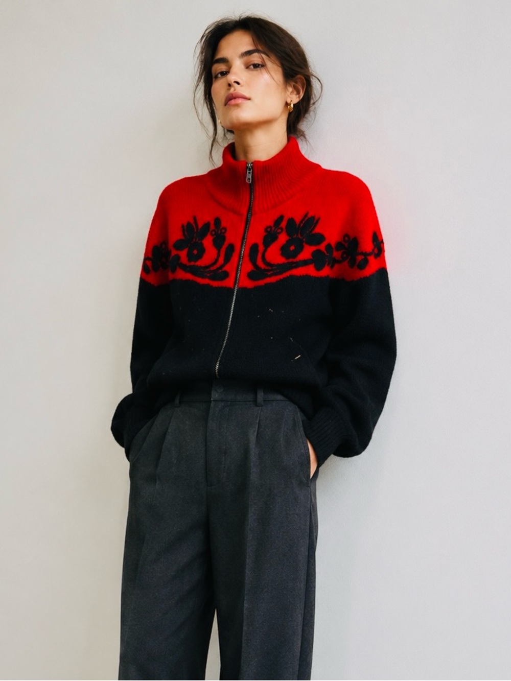 L.B. Diffusion Vintage Red & Black Floral Knit Zip Sweater Size M